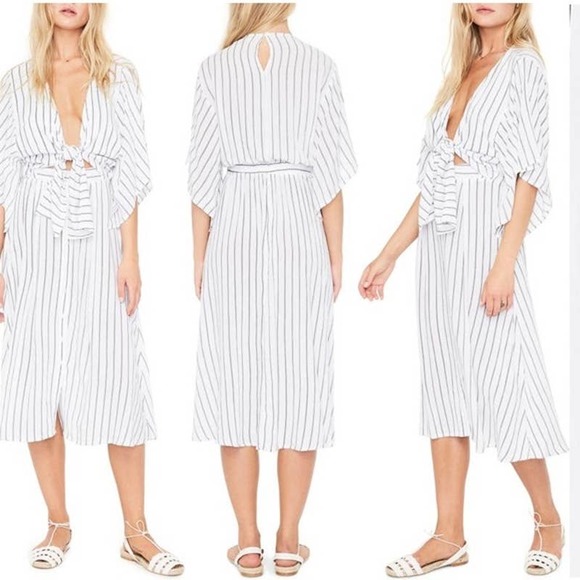 Faithfull The Brand Midi Dress 2 XS White Striped Button Up Short Sleeve Boho - Picture 3 of 11